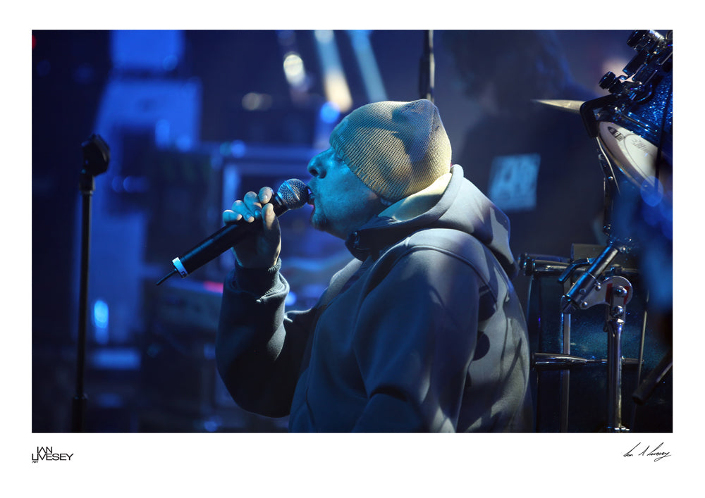 Shaun Ryder on Stage in front of the drums - Limited Edition prints
